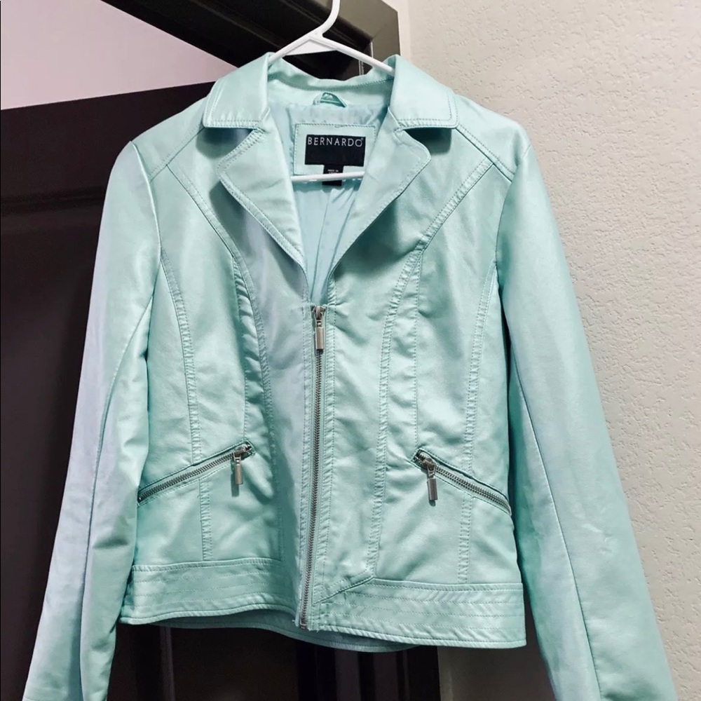 Crop Jacket Faux Leather Metallic Mint Teal Medium